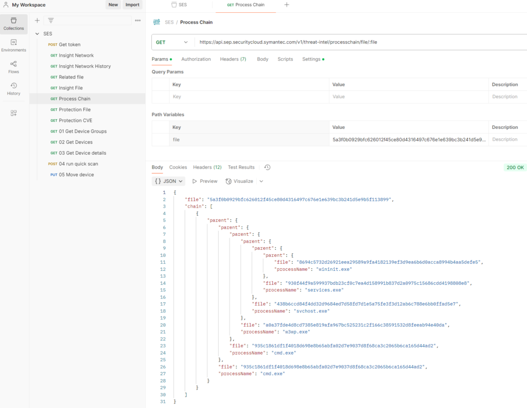 Threat Intelligence: API call mit Informationen über eine Process Chain